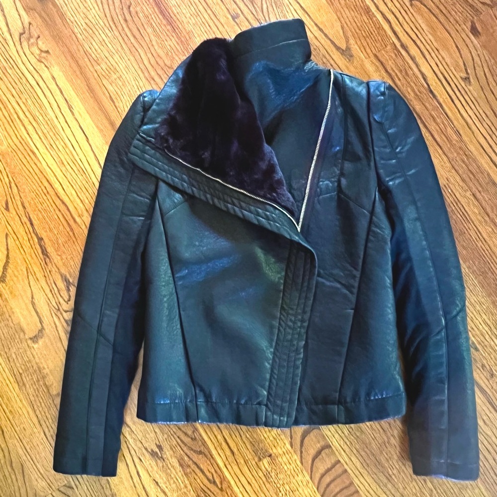 Vegan Leather Funnel Neck Jacket - fur lined inside collar